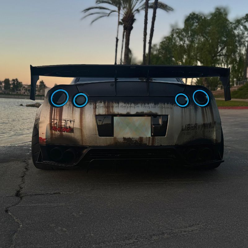 rear view of nissan gtr rgb bule light on