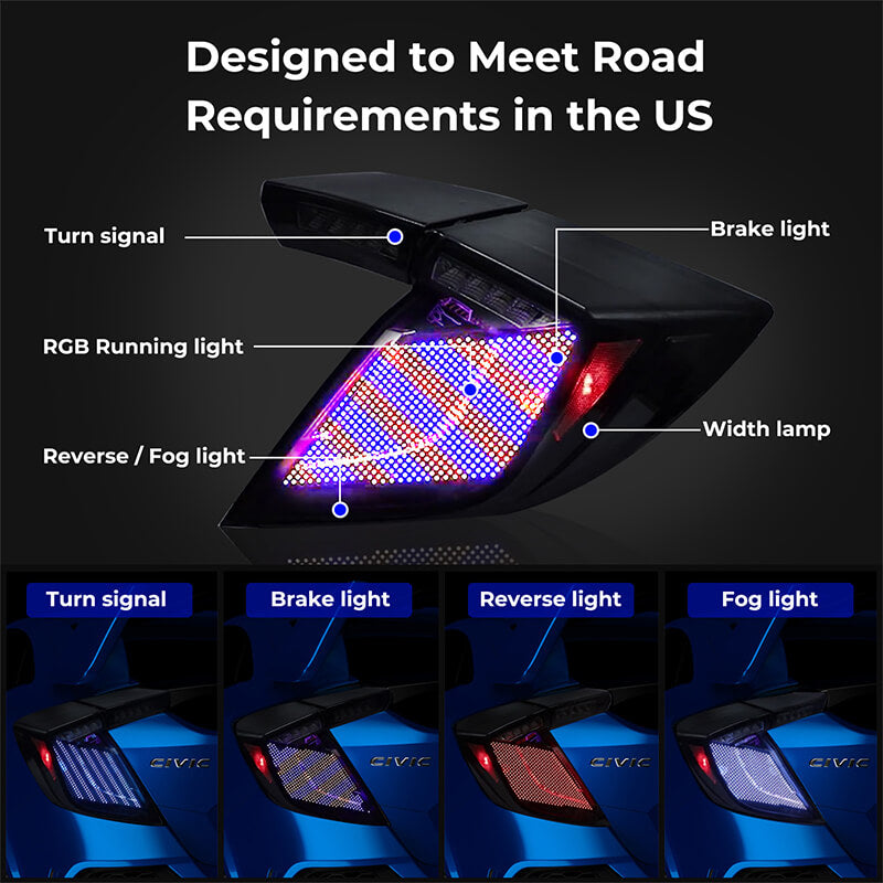 Full LED Digital RGB Tail Lights Assembly for 2016–21 Honda Civic Hatchback and Type R