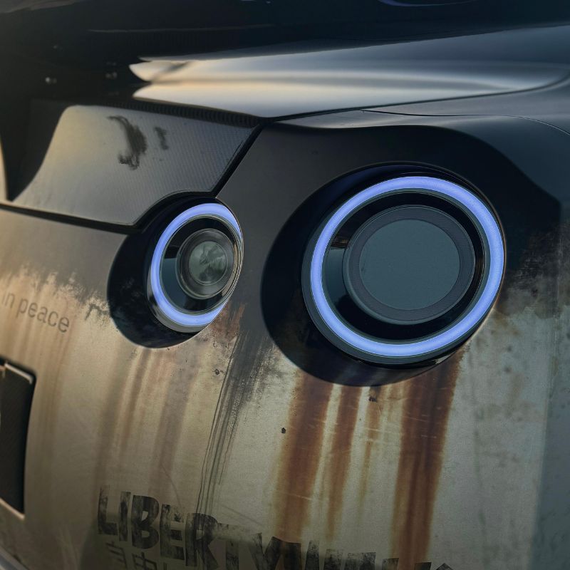 zoom in view of nissan gtr right rgb tail lights blue light on